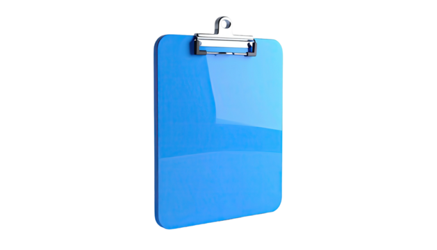 A shiny, light-blue clipboard against a dark background, viewed at an angle