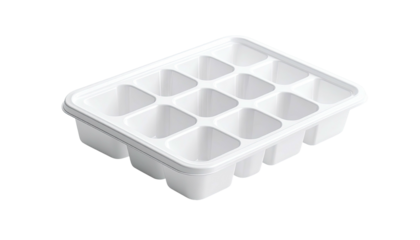 White plastic ice cube tray, empty, with a grid pattern of individual square molds