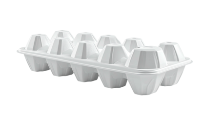 Empty white molded-pulp egg carton, ten-egg capacity, isolated on black