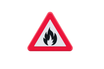 This image features a prominent red-bordered triangular warning sign with a black flame icon, signifying danger, flammability, or fire hazard. background removed