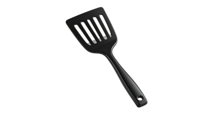 Black cooking spatula with slots, handle, and small hole, against a dark background