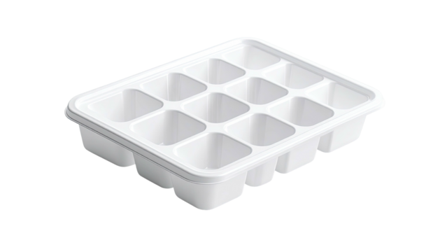 White plastic ice cube tray, empty, with a grid pattern of individual square molds