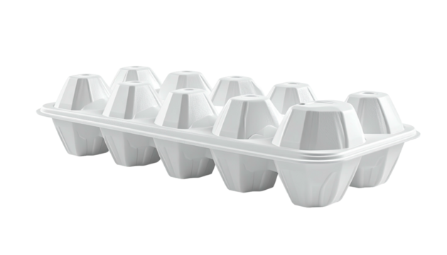 Empty white molded-pulp egg carton, ten-egg capacity, isolated on black