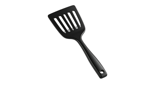 Black cooking spatula with slots, handle, and small hole, against a dark background