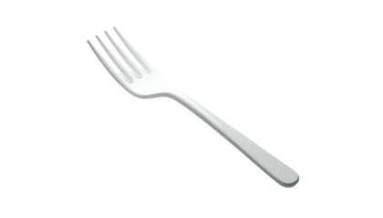 Angled view of a simple, white, four-pronged utensil on a black background