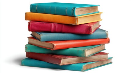 Stack of colorful hardcover books piled on a with visible pages and spines