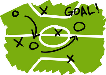 Soccer strategy field with hand-drawn football tactics on chalkboard. Game scheme featuring arrows, player positions, and sport plan outlines for coaching and learning.