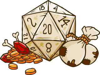 D20 dnd dice with gold coin and money bag. Fantasy role play icon. Tabletop strategy sticker