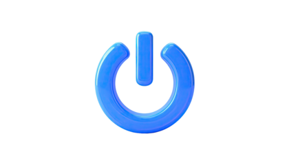 A glossy blue power symbol, illuminated, on a stark black background