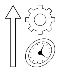 Large upward arrow, gear, and clock symbolizing progress, industrial efficiency, and time optimization. Ideal for business growth, productivity, planning, strategy achievement innovation simple