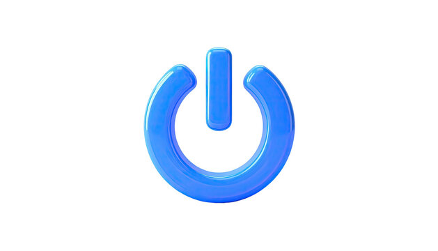 A glossy blue power symbol, illuminated, on a stark black background