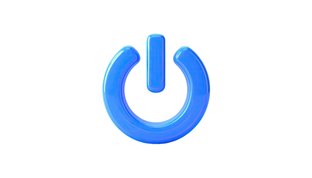 A glossy blue power symbol, illuminated, on a stark black background