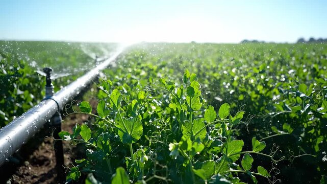 A lush field of plants is irrigated by a sprinkler system that waters the plants. The plants thrive under the sunlight as the sprinkler keeps the field hydrated.