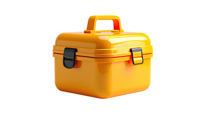 Glossy orange plastic storage container with black latches and a handle on black