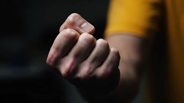 A man's fist is clenched tightly, and the man's hand shows tension. The man's fingers and fist exhibit strength as the hand stays clenched in focus.