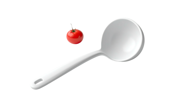 A single, bright red tomato near a white ladle on a solid black background