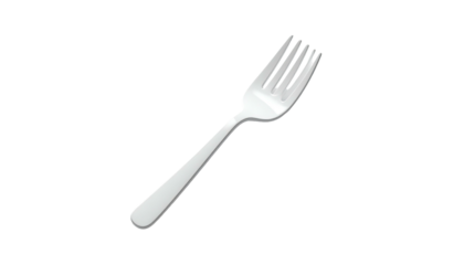 Isolated, shiny silverware fork with tines angled, on a solid black background