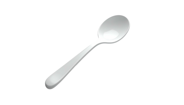 A glossy, silver spoon against a stark black background, angled for viewing