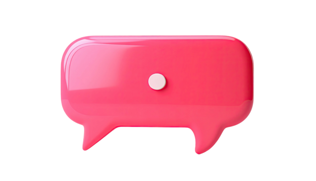 Glossy, pink 3D speech bubble on black background, simple design, friendly feel