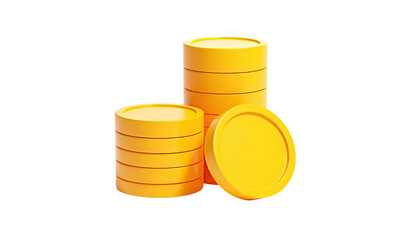 Three stacks of gold coins with one fallen coin, isolated on black