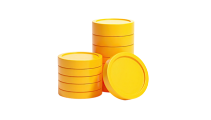 Three stacks of gold coins with one fallen coin, isolated on black