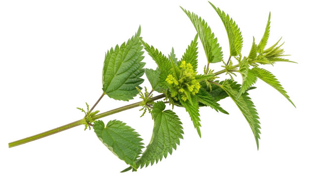 Isolated flowering stinging nettle branch against bright studio lighting, natural botany shot