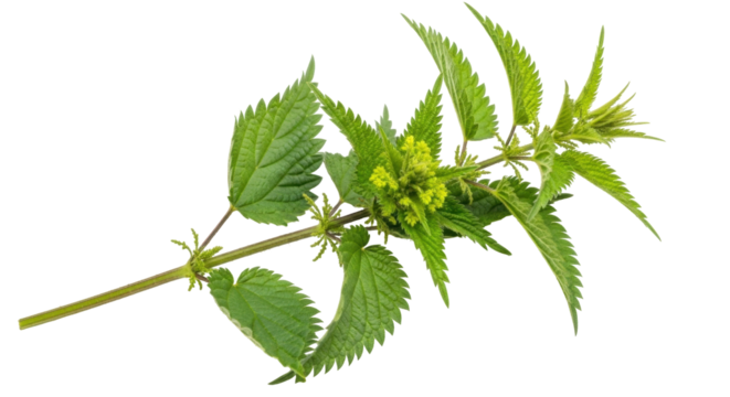 Isolated flowering stinging nettle branch against bright studio lighting, natural botany shot