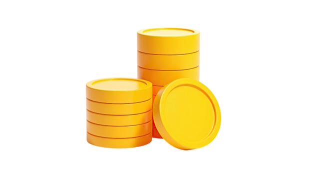 Three stacks of gold coins with one fallen coin, isolated on black