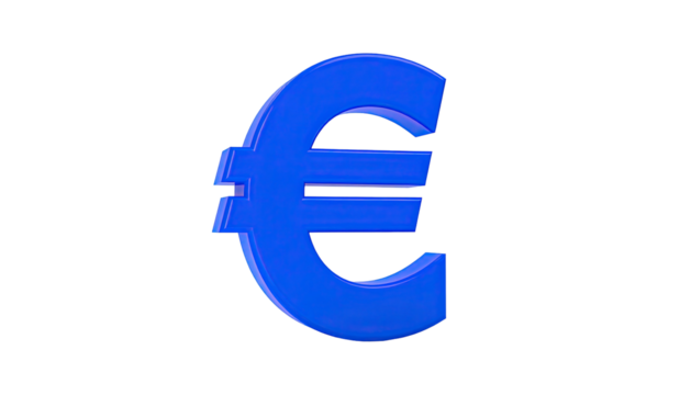 Blue, three-dimensional Euro currency symbol floats against a stark black background