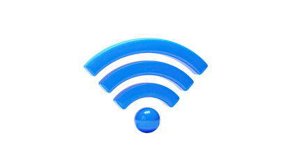 Glossy, blue wireless symbol on a black background, indicating internet access