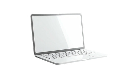 Modern white laptop angled slightly upward, screen blank. Isolated on black
