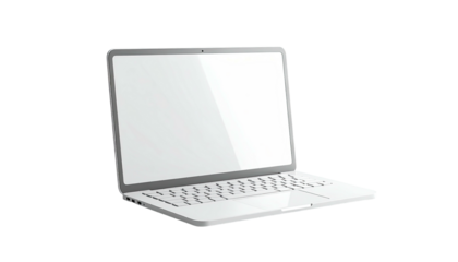 Modern white laptop angled slightly upward, screen blank. Isolated on black