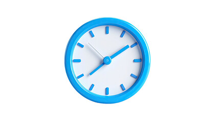 A bright blue, 3D rendered analog clock with white face against black