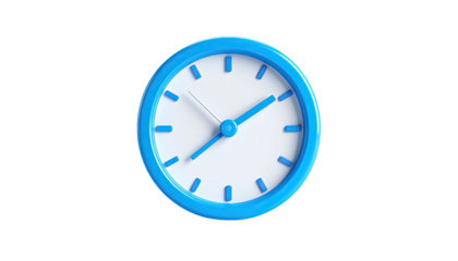 A bright blue, 3D rendered analog clock with white face against black