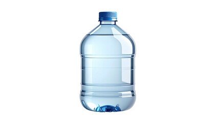 A clear, large, plastic water bottle, filled with clear liquid and a blue cap