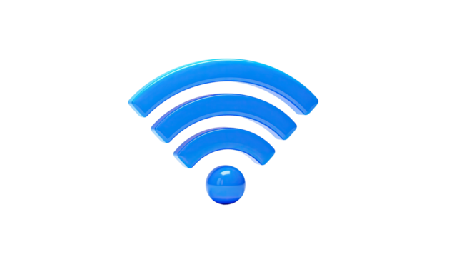Glossy, blue wireless symbol on a black background, indicating internet access