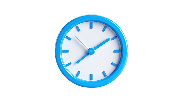 A bright blue, 3D rendered analog clock with white face against black