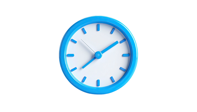 A bright blue, 3D rendered analog clock with white face against black
