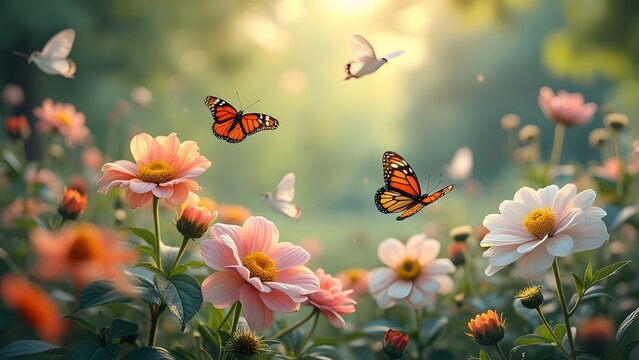 Monarch Butterflies and Pink Flowers in Sunny Garden