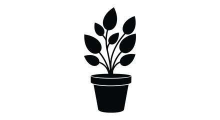 Silhouette of a potted houseplant with lush leaves and sturdy stem in a simple pot silhouette