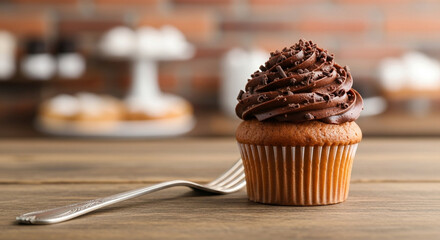 Delicious chocolate cupcake with chocolate frosting and sprinkles on a wooden table with a fork, perfect for a sweet treat or dessert, with a blurred background