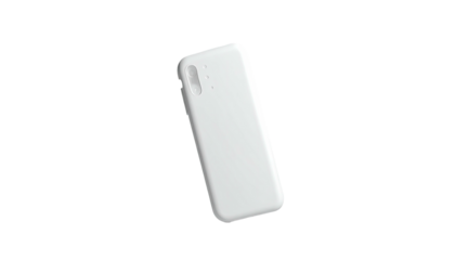 A white, rectangular device with rounded edges, floating against a stark black background