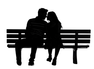 Couple sitting on a bench silhouette, romantic moment, transparent background 