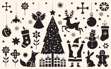 Silhouettes of Christmas elements tree, gifts, Santa, reindeer, snowman, stockings, and more. Festive and cheerful holiday scene.