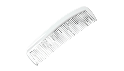 A white plastic hair comb with fine teeth is set against a stark black backdrop