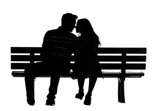 Couple sitting on a bench silhouette, romantic moment, transparent background 