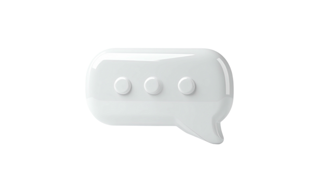 3D white speech bubble icon with rounded corners, ellipsis, isolated on black