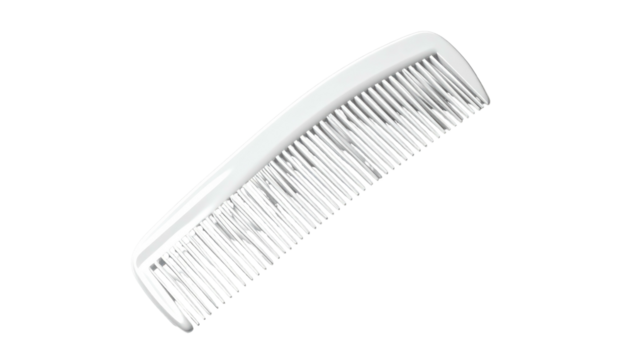 A white plastic hair comb with fine teeth is set against a stark black backdrop