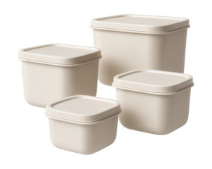 Stackable opaque containers with snap-on lids for pantry organization.
