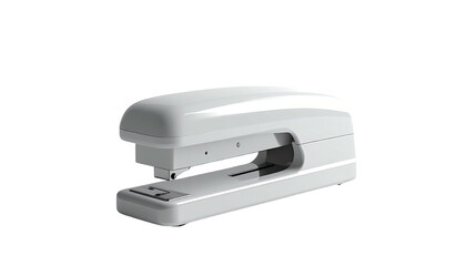 White stapler, side view, casting shadows, isolated on a black background